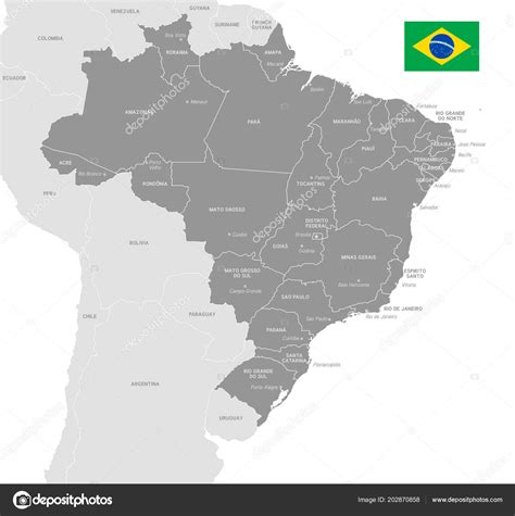 Mapa Vectorial Gris Brasil Con Fronteras Administrativas Nombres