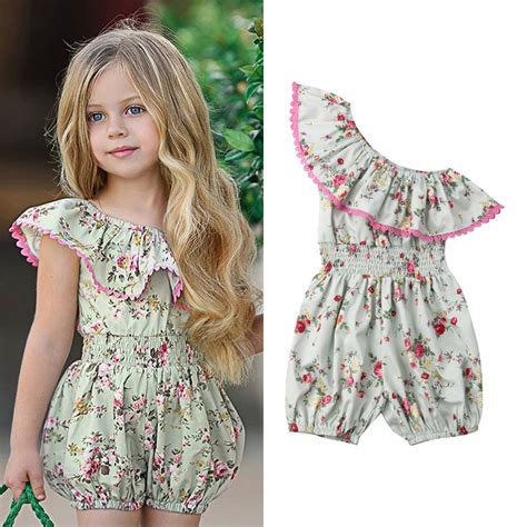 1 6y Summer Cute Toddler Kids Baby Girls Romper Clothes One Shoulder Ruffles Floral Print