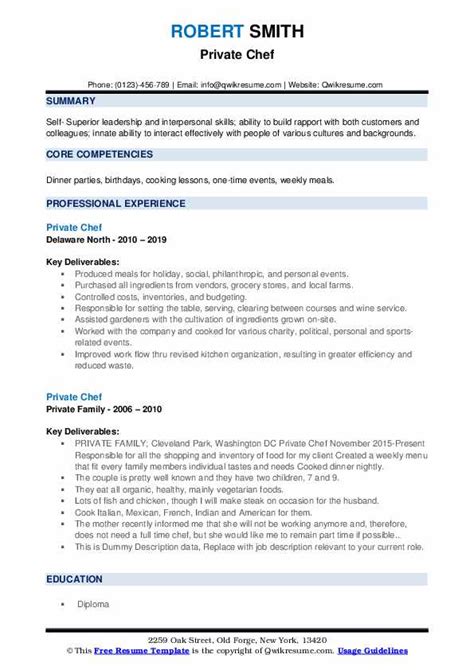 Private Chef Resume Samples Qwikresume