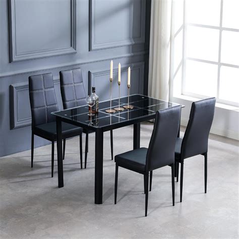 Ktaxon 5 Piece Kitchen Dining Table Set With Glass Table Top 4 Chairs And Metal Frame Table For