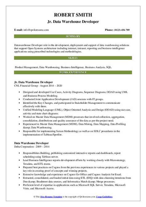 Data Warehouse Developer Resume Samples Qwikresume