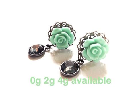 Mint Rose Plugs 0g 2g 4g Dangle Plugs Gunmetal Beads Soft Etsy