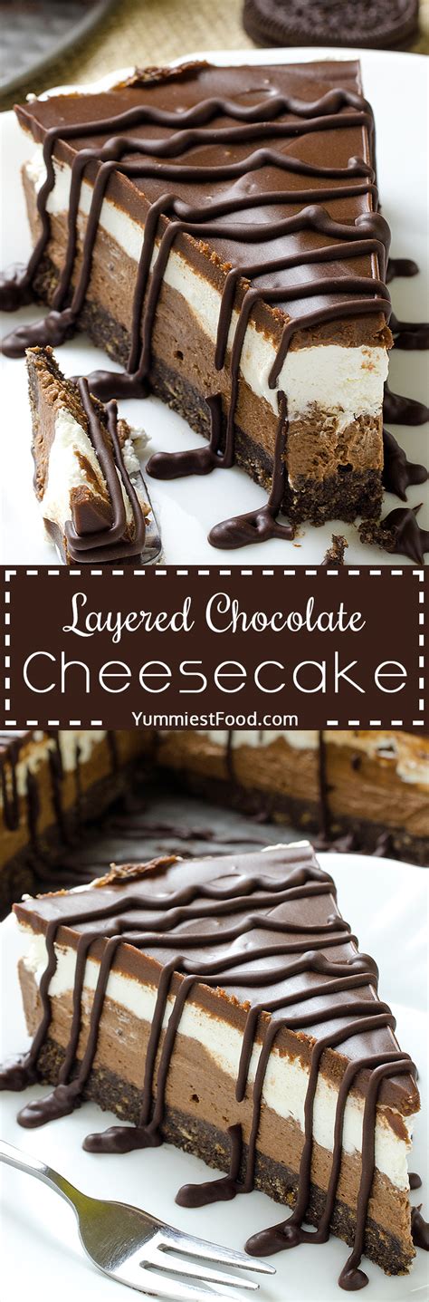Soft and moist chocolate cake layer topped with super creamy chocolate mousse and soft chocolate ganache. Layered Chocolate Cheesecake with Oreo Crust - No Bake ...