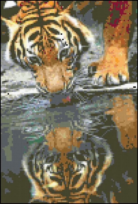 Drinking Tiger Reflection Cross Stitch Pattern Design Chart Big Cat