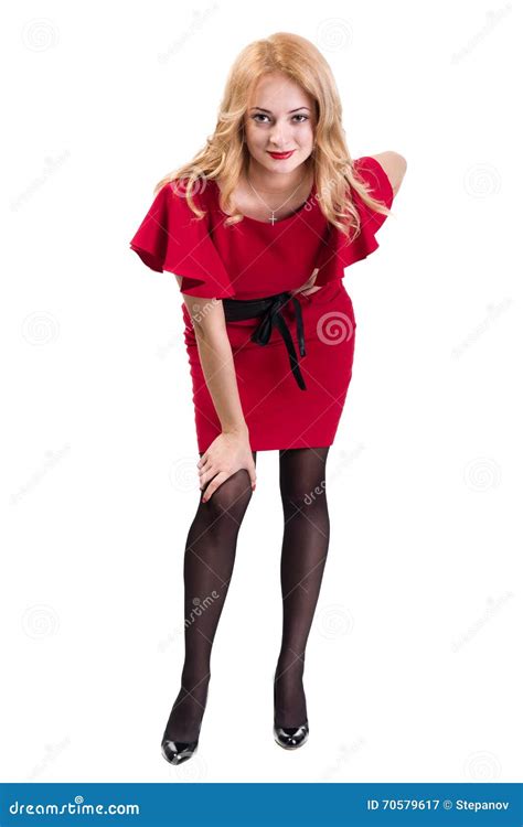 Beautiful Busyness Woman Blonde In Red Dress Isolated On White Stock