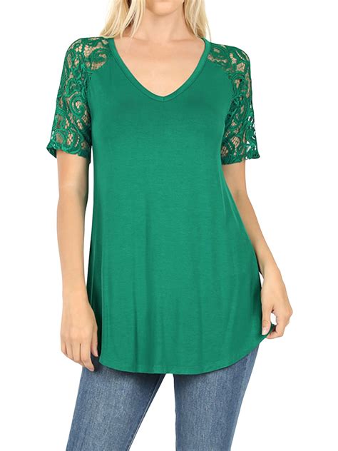 Thelovely Womens Plus Soft Rayon Lace Short Sleeve V Neck Round Hem