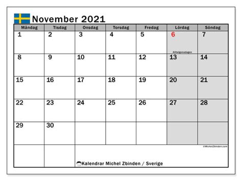 Redo att skriva ut, den här kalendern är helt gratis. Kalender november 2021, Sverige - Michel Zbinden SV
