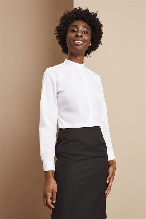 Womens Long Sleeve Banded Collar Shirt White Hospitality From Simon