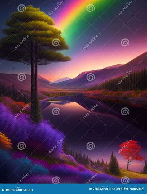New Nature 2024 Ai Lake Rainbow Stock Illustration Illustration Of