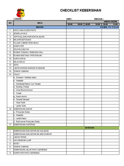 Contoh Form Checklist Kebersihan Kantor Terbaru