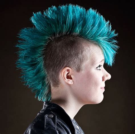Women Punk Hairstyle With Teal Hair Colored Mohawk Haircut