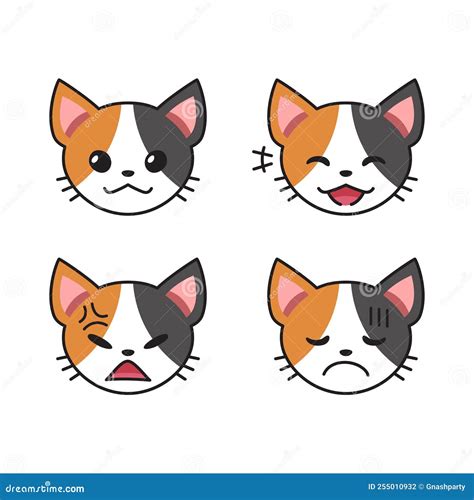 Set of Cute Cat Faces Showing Different Emotions Stock Vector