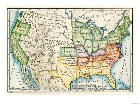 Us Map Showing Seceeding States By Date American Civil War C1861