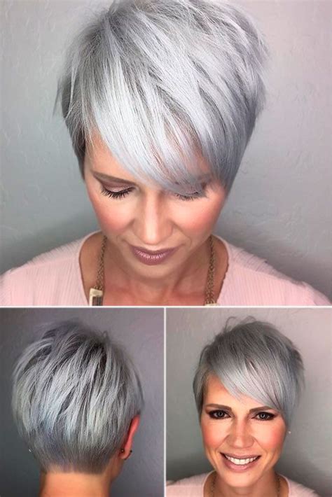 Bangs are a hair style feature that never seems to this short cut, with hair brushed forward toward the forehead, is one example of a sleek short haircut for gray hair that is highly popular for mature. Pin on Gray Hair