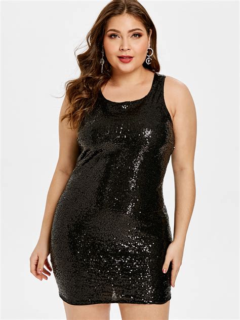Wipalo Plus Size Sequins Party Dress Women Black Sleeveless O Neck
