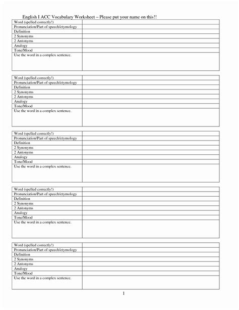 50 Blank Vocabulary Worksheet Template