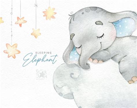 Sleeping Elephant Babyboy Watercolor Little Animal Clipart Stars
