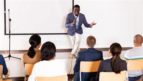 Emotional Aframerican Business Coach Giving Motivational Training Stock