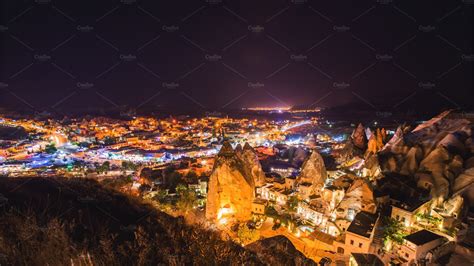 Goreme Village In Cappadocia At Night In Turkey Stock Photo Containing
