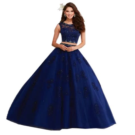 Navy Blue Lace Appliques Two Piece Quinceanera Dresses Ball Gowns Cheap
