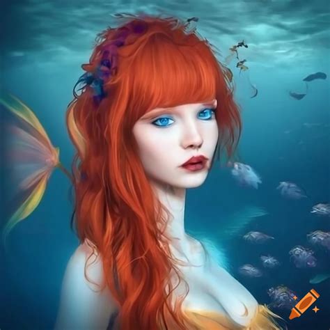 Beautiful Mermaid With Long Red Hair And Blue Eyes Under The Sea In A Dreamy Style On Craiyon