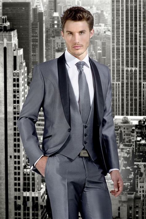 2016 Groom Tuxedos Grey Groomsmen Peak Black Lapel Best Man Suit