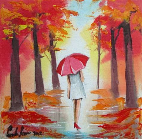 Woman Red Umbrella Autumn Original Oil Painting Gordon Bruce Art Small