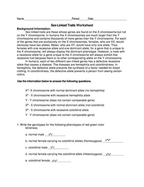 Sex Linked Punnett Squares Worksheet Name Period Date Sex Linked Traits