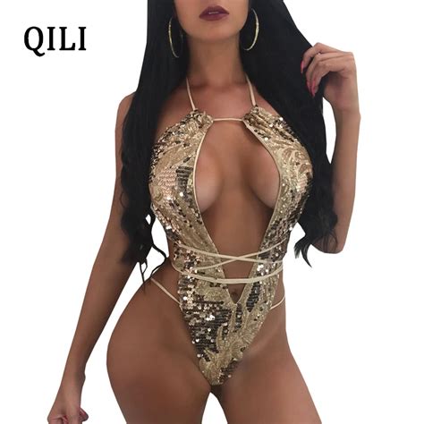 Qili Sexy Sequin Bodysuits Rompers Women Open Chest Bandage Lace Up Bodysuit Backless Sexy Night
