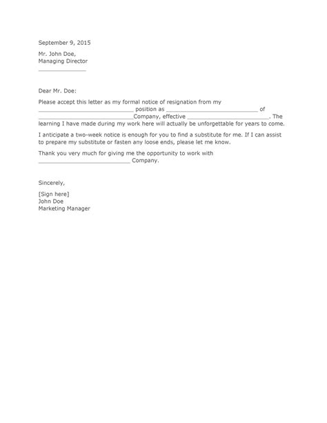 Resignation Letter Sample 2 Weeks Notice