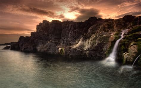 Wallpaper Landscape Waterfall Sunset Sea Bay Rock Nature