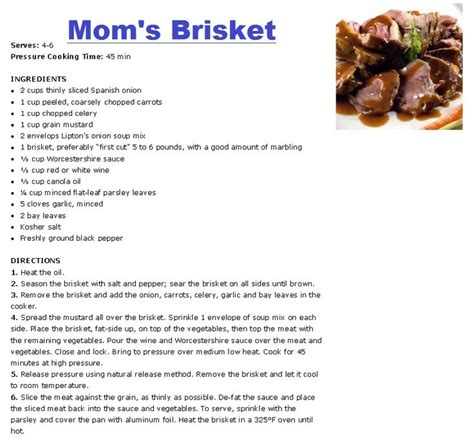 The meatloaf gets a flavor boost from dry onion soup mix and ketchup. Mom's Brisket | How to cook beef, Pressure cooking beef ...