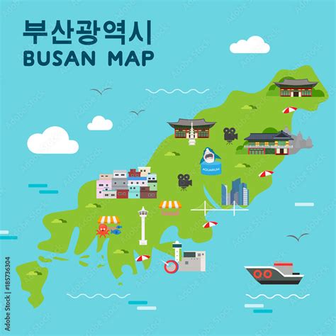Busan Travel Map Vector Illustration Attractions In Flat Design