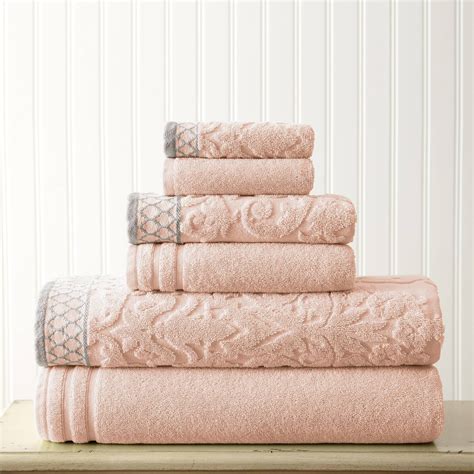 Mix Jacquard Border 6 Piece Bath Towel Set Peach