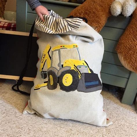 New baby and baby shower gifts. JCB digger toy sack, as made for and modelled by young ...