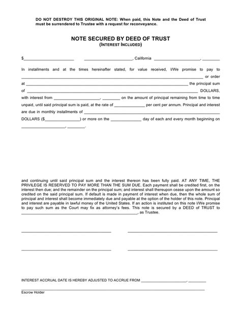 Sample Note Secured By Deed Of Trust In Word And Pdf Formats