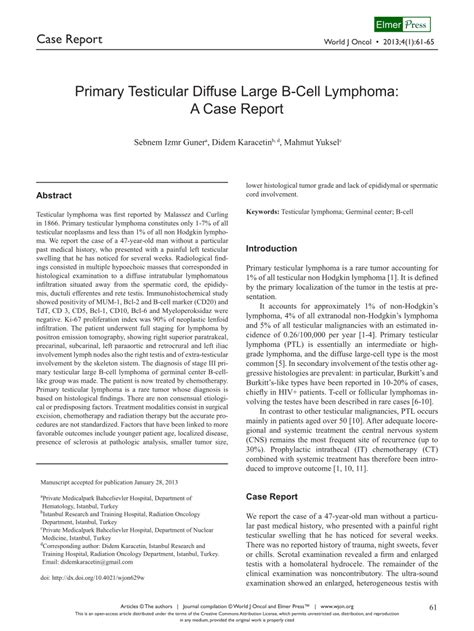Pdf Primary Testicular Diffuse Large B Cell Lymphoma A Case Report