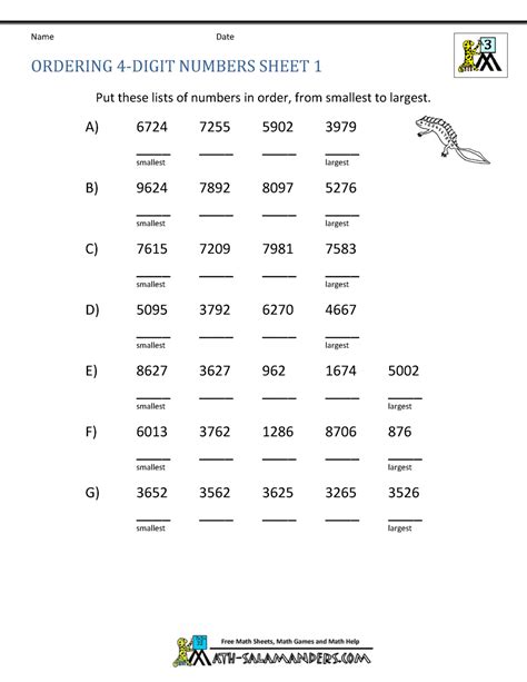 Comparing And Ordering 4 Digit Numbers Worksheet