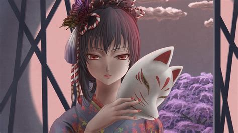 Clouds Cherry Blossoms Trees Kimono Red Eyes Masks Traditional Dressing