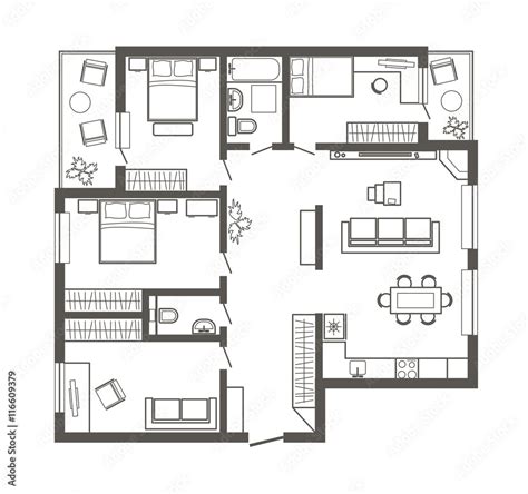 Linear Architectural Sketch Plan Of Four Bedroom Apartment Stock Vector