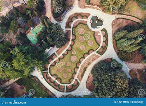 Aerial Top View Of Beautiful Green Park With Different Trees And