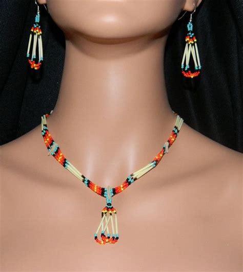 Native American Handmade Quill And Beaded Necklace And Earring Etsy