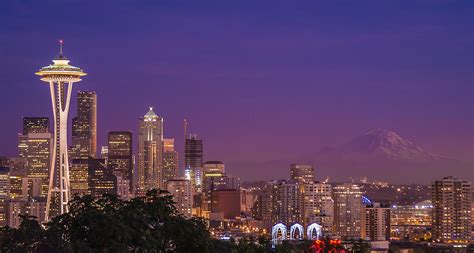 Seattle And Mt Rainier After Dark City Skyline Night Photograph