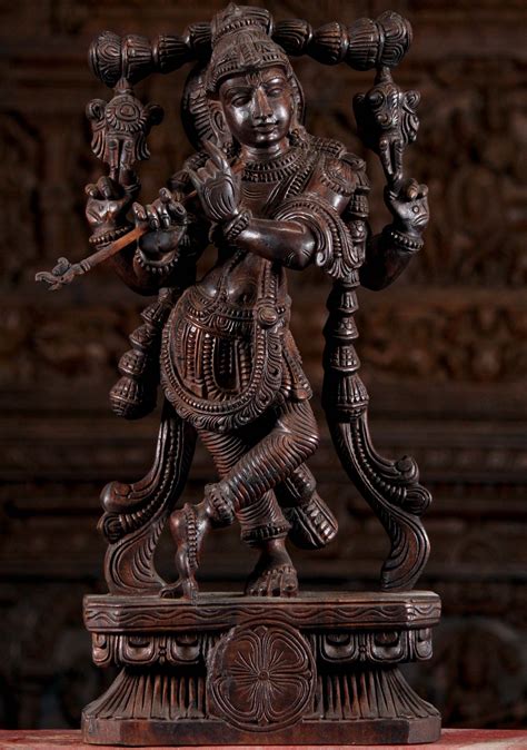 Sold Wood Gopal Krishna Standing Relaxed Playing Flute Sculpture