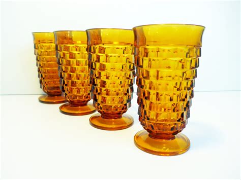 Vintage Set Of 4 Amber Glasses Whitehall Amber By Colony Large Heavy Amber Iced Tea Or Water
