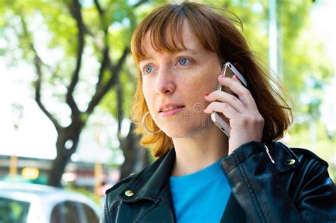 Redhead Woman Woman Talking On Her Mobile Phone Stock Image Image Of Conversation Mobile