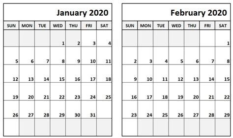 Blank Calendar January February 2020 Calendar Calendar Printables