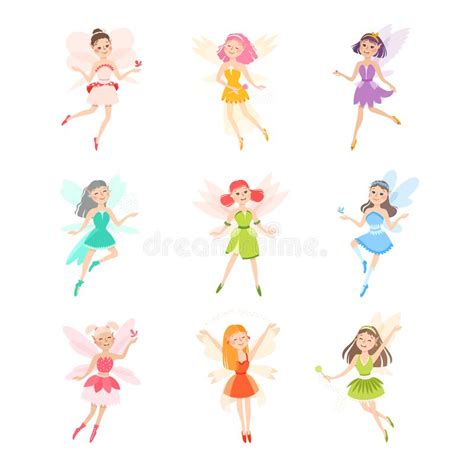 Cute Little Fairies With Wings Set Lovely Winged Elf Princesses In