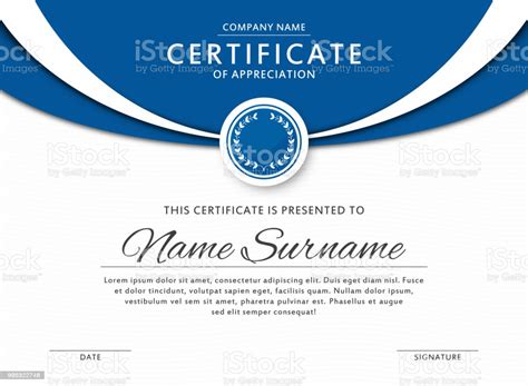 Certificate Template In Elegant Blue Color With Medal And