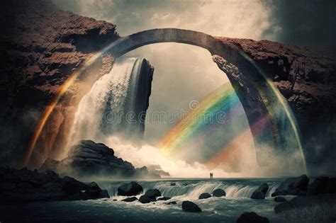 A Rainbow Arches Over A Waterfall With Mist Billowing From The Water